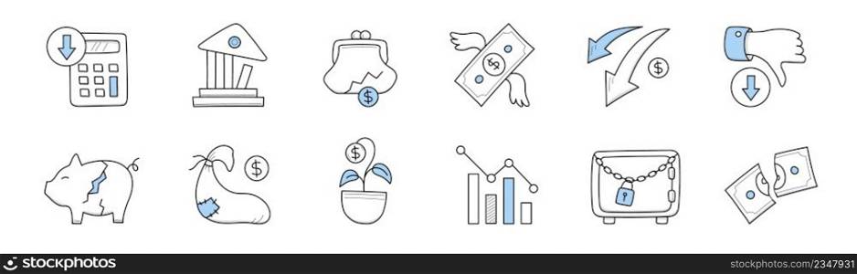 Financial crisis icons. Concept of decrease economy, bankruptcy, poverty. Vector doodle signs with broken piggy bank, cut money, down graph, destroyed bank and safe with lock. Financial crisis, bankruptcy, poverty icons