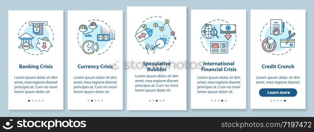 Financial crisis onboarding mobile app page screen with concepts. International economic recession walkthrough five steps graphic instructions. UI vector template with RGB color illustrations