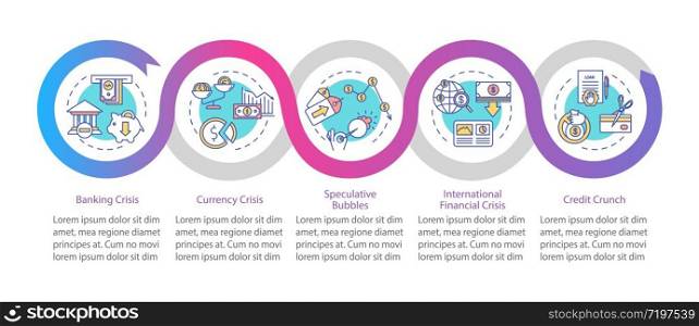Financial crisis vector infographic template. Different economic problems presentation design elements. Data visualization with five steps. Process timeline chart. Workflow layout with linear icons