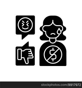 Financial cyberbullying black glyph icon. Bullying woman with no money. Abusive relationship. Offensive comment, hate speech. Silhouette symbol on white space. Vector isolated illustration. Financial cyberbullying black glyph icon