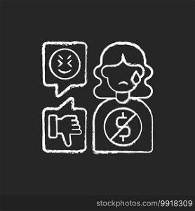 Financial cyberbullying chalk white icon on black background. Bullying woman with no money. Abusive relationship. Offensive comment, hate speech. Isolated vector chalkboard illustration. Financial cyberbullying chalk white icon on black background