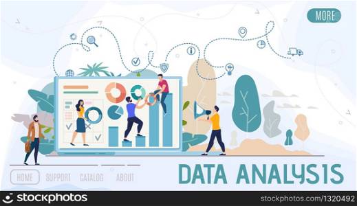 Financial Data Analysis, Marketing Strategy Planning Company, Online Service Flat Vector Web Banner, Landing Page. Business Company Team Working Together to Improve Financial Indicators Illustration