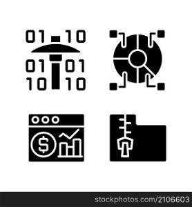 Financial data mining black glyph icons set on white space. Processing digital information. Research new development ways. Future science. Silhouette symbols. Vector isolated illustration. Financial data mining black glyph icons set on white space