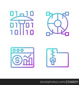 Financial data mining gradient linear vector icons set. Processing digital information. Research new development ways. Thin line contour symbols bundle. Isolated outline illustrations collection. Financial data mining gradient linear vector icons set