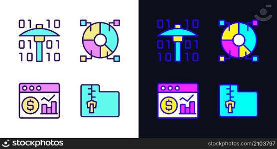 Financial data mining light and dark theme RGB color pixel perfect icons set. Processing digital information. Research new development ways. Simple filled line drawings pack on white and black space. Financial data mining light and dark theme RGB color pixel perfect icons set