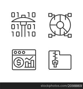 Financial data mining linear perfect pixel icons set. Processing digital information. Research new development ways. Customizable thin line contour symbols. Isolated vector outline illustrations. Financial data mining linear perfect pixel icons set
