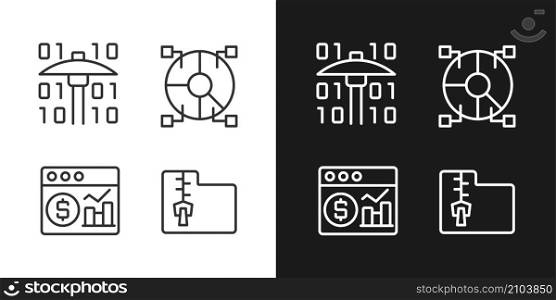 Financial data mining linear pixel perfect icons set for dark and light mode. Processing digital information. Future science. Customizable thin line symbols. Isolated vector outline illustrations. Financial data mining linear pixel perfect icons set for dark and light mode