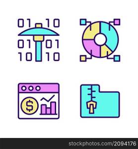 Financial data techniques RGB color pixel perfect icons set. Analyze and storage information. Find new development channels. Isolated vector illustrations. Simple filled line drawings collection. Financial data techniques RGB color pixel perfect icons set