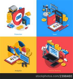Financial design concept set with money protection analytics and internet banking isometric icons isolated vector illustration. Financial Isometric Set