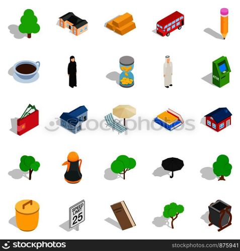 Financial district icons set. Isometric set of 25 financial district vector icons for web isolated on white background. Financial district icons set, isometric style