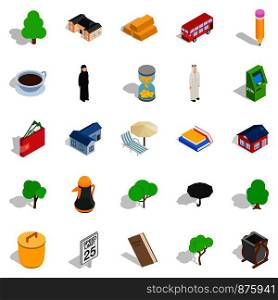 Financial district icons set. Isometric set of 25 financial district vector icons for web isolated on white background. Financial district icons set, isometric style