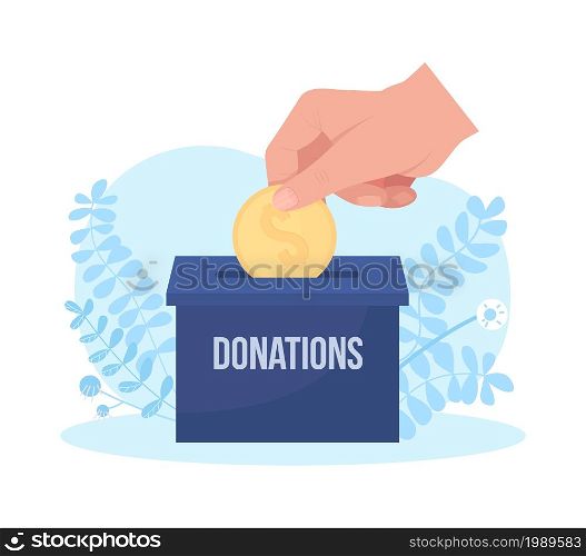 Financial donation 2D vector isolated illustration. Aiding with money. Giving coin flat hand on cartoon background. Monetary contribution to non profit organization colourful scene. Financial donation 2D vector isolated illustration