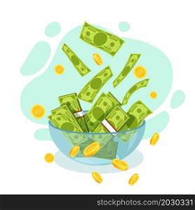 Financial drain. Losing profit. Gold coins falling besides bowl. Plate with dollar banknotes. Economic crises or failures. Leaked finance. Loss of earnings or savings. Income recession. Vector concept. Financial drain. Losing profit. Coins falling besides bowl. Plate with banknotes. Economic crises or failures. Leaked finance. Loss of earnings or savings. Income recession. Vector concept