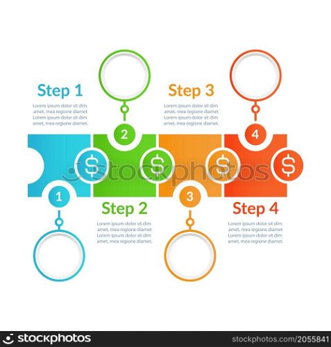 Financial education infographic chart design template. Abstract infochart with copy space. Instructional graphics with 4 step sequence. Visual data presentation. Lato, Arial fonts used. Financial education infographic chart design template