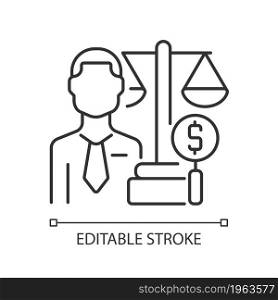 Financial examiner linear icon. Risk-focused financial examination expert. Law compliance expert. Thin line customizable illustration. Contour symbol. Vector isolated outline drawing. Editable stroke. Financial examiner linear icon