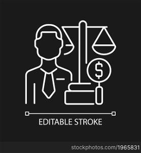 Financial examiner white linear icon for dark theme. Examination expert. Law compliance expert. Thin line customizable illustration. Isolated vector contour symbol for night mode. Editable stroke. Financial examiner white linear icon for dark theme