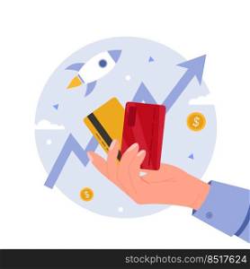 Financial expert concept with hand holding credit cards. Financial management, tax payment, reporting. profit growth Vector flat illustration.
