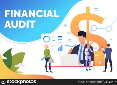 Financial experts analyzing diagrams. Advisors, graphs, report, marketing. Financial audit concept. Vector illustration can be used for page design, poster or banner templates