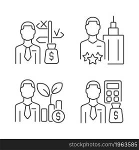 Financial field experts linear icons set. Asset fund managers. Budget analysts. Chief executive officer. Customizable thin line contour symbols. Isolated vector outline illustrations. Editable stroke. Financial field experts linear icons set