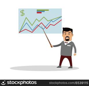Financial Forecast Concept Vector Illustration. Financial forecast concept vector. Flat design. Economics masterclass illustration. Man with pointer standing at the blackboard with graphs, curves and infographics. Isolated on white background.