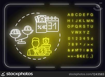 Financial forecast neon light concept icon. Stock sales success. Business management idea. Outer glowing sign with alphabet, numbers and symbols. Vector isolated RGB color illustration