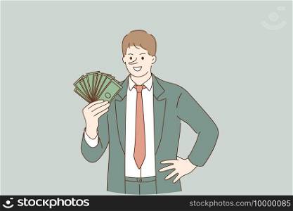 Financial fraud, making money on deception concept.Smiling liar businessman cartoon character standing holding heap of dollars in hand vector illustration . Financial fraud, making money on deception concept