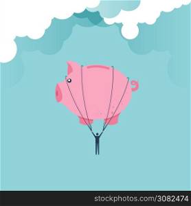 Financial freedom concept as a piggy bank balloon lifting a businessman up to success for management and investment. vector cartoon design.