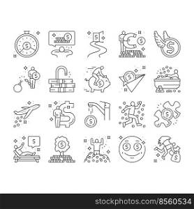 financial freedom money business icons set vector. man free success, happy rich, finance debt, businessman people wealth person relax financial freedom money business black contour illustrations. financial freedom money business icons set vector