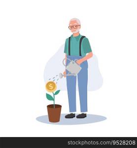 Financial Growth and Contentment. Happy Senior Citizen Watering Money Plant. Flt vector cartoon illustration