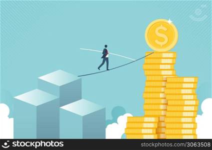 Financial growth and risk concept with golden coin. concept of monetary collection or strategy of profit or benefit making in business to win. vector cartoon design.