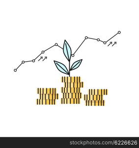 Financial Growth Coin Stock Market. Financial growth coin stock market. Successful graph of profit growth and cash investments in startups. Metaphor of the plants sprout in the column of gold coins. Invest progress vector illustration