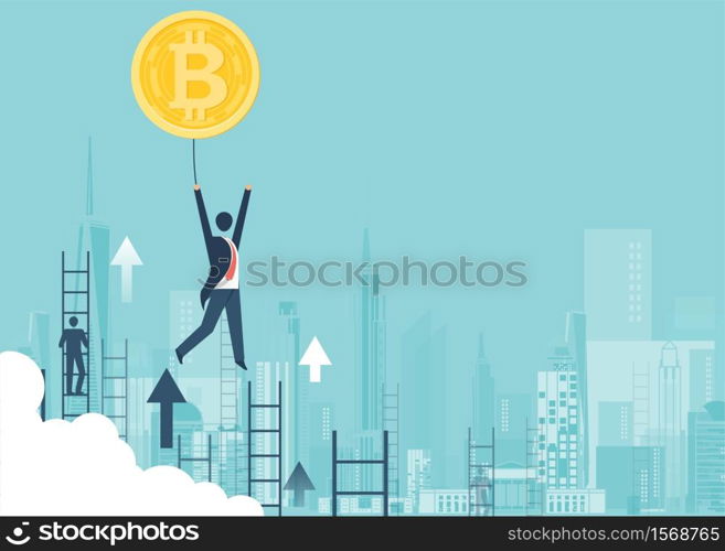 Financial growth concept with golden Bitcoins. up or down income graph with bitcoin vector design. concept of monetary collection or strategy of profit or benefit making in business.