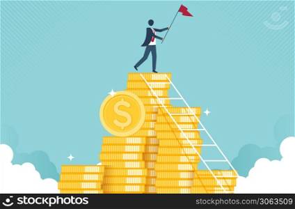 Financial growth concept with golden coin. concept of monetary collection or strategy of profit or benefit making in business to win. vector cartoon design.