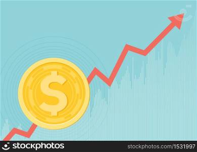 Financial growth concept with golden coin dollar. up or down income graph vector design. concept of monetary collection or strategy of profit or benefit making in business.