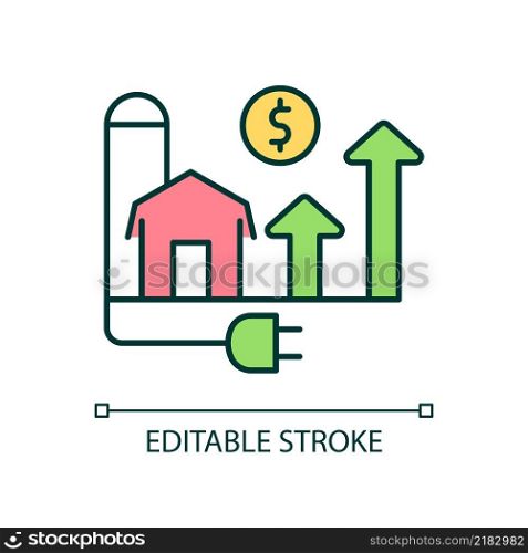 Financial growth RGB color icon. Rural electricity. Farming and agriculture. Barn and silo tower. Isolated vector illustration. Simple filled line drawing. Editable stroke. Arial font used. Financial growth RGB color icon