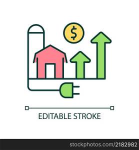 Financial growth RGB color icon. Rural electricity. Farming and agriculture. Barn and silo tower. Isolated vector illustration. Simple filled line drawing. Editable stroke. Arial font used. Financial growth RGB color icon