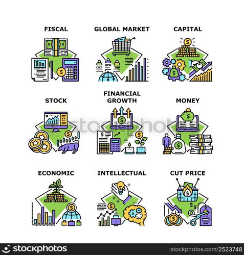 Financial Growth Set Icons Vector Illustrations. Money Capital Financial Growth And Economic, Fiscal And Global Market, Stock And Intellectual. Cut Price Seasonal Discount Color Illustrations. Financial Growth Set Icons Vector Illustrations