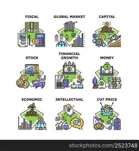 Financial Growth Set Icons Vector Illustrations. Money Capital Financial Growth And Economic, Fiscal And Global Market, Stock And Intellectual. Cut Price Seasonal Discount Color Illustrations. Financial Growth Set Icons Vector Illustrations