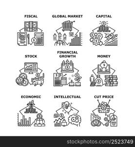 Financial Growth Set Icons Vector Illustrations. Money Capital Financial Growth And Economic, Fiscal And Global Market, Stock And Intellectual. Cut Price Seasonal Discount Black Illustration. Financial Growth Set Icons Vector Illustrations