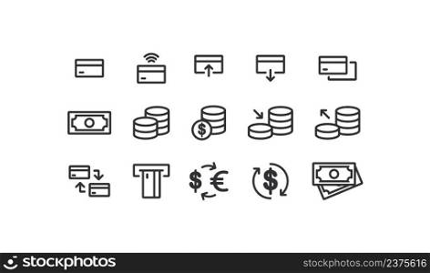 Financial icon set. Credit cards, coins and money illustration symbol. Sign pay vector desing.