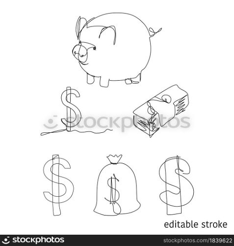 Financial Icon Set in Continuous Line Drawing. Vector Sketchy Richness Concept. Outline Piggy Bank, Dollar Sign, Currency, Money Bag with Editable Stroke.. Financial Icon Set in Continuous Line Drawing. Sketchy Richness Concept. Outline Piggy Bank, Dollar Sign, Currency, Money Bag with Editable Stroke. Vector Illustration.