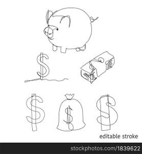 Financial Icon Set in Continuous Line Drawing. Vector Sketchy Richness Concept. Outline Piggy Bank, Dollar Sign, Currency, Money Bag with Editable Stroke.. Financial Icon Set in Continuous Line Drawing. Sketchy Richness Concept. Outline Piggy Bank, Dollar Sign, Currency, Money Bag with Editable Stroke. Vector Illustration.