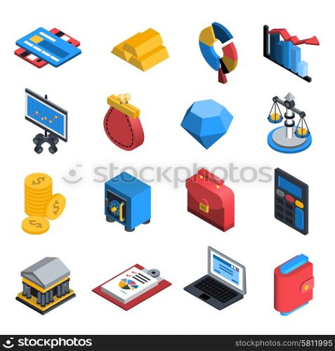 Financial icons isometric set with wallet coins investment chart isolated vector illustration. Financial Icons Isometric