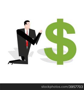 Financial idol. Businessman praying to dollar. Worship of money. Prayer cash. Man are standing on their knees in dollar sign. Allegory illustration for magazine business&#xA;