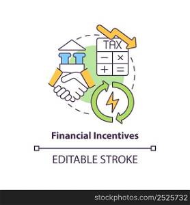 Financial incentives concept icon. Successful energy planning abstract idea thin line illustration. Tax credits. Isolated outline drawing. Editable stroke. Arial, Myriad Pro-Bold fonts used. Financial incentives concept icon