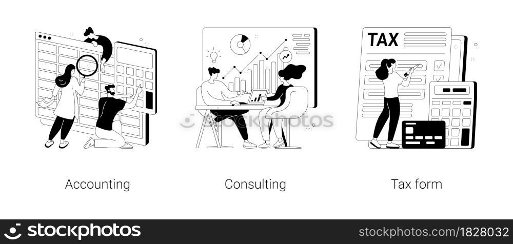 Financial information abstract concept vector illustration set. Accounting, consulting, tax form, tax filing, audit service, online application software, business strategy abstract metaphor.. Financial information abstract concept vector illustrations.