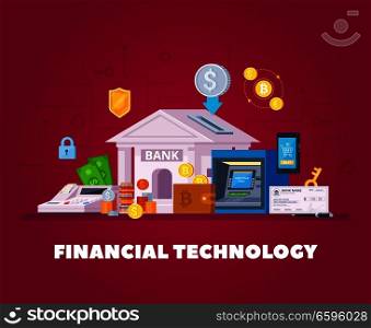 Financial institution electronic technologies flat orthogonal composition background poster with bank transactions smartphone online shopping vector illustration. Financial Technology Flat Composition