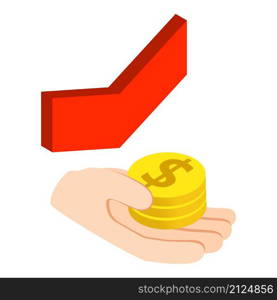 Financial insurance icon isometric vector. Hand holds stack coin, red arrow down. Financial loss, reduced income, inflation. Financial insurance icon isometric vector. Hand holds stack coin red arrow down