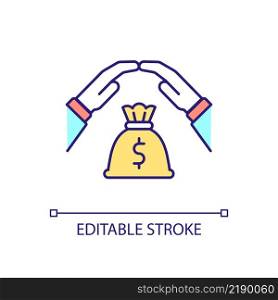 Financial insurance RGB color icon. Income protection. Risks prevention and precaution. Money bag. Isolated vector illustration. Simple filled line drawing. Editable stroke. Arial font used. Financial insurance RGB color icon