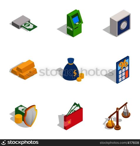 Financial investment icons set. Isometric 3d illustration of 9 financial investment vector icons for web. Financial investment icons, isometric 3d style